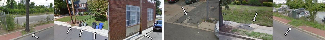 Examples of accessibility attributes: curbs, missing curb ramps, obstacles in path, and surface problems.