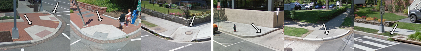 Examples of accessibility attributes: curbs, missing curb ramps, obstacles in path, and surface problems.
